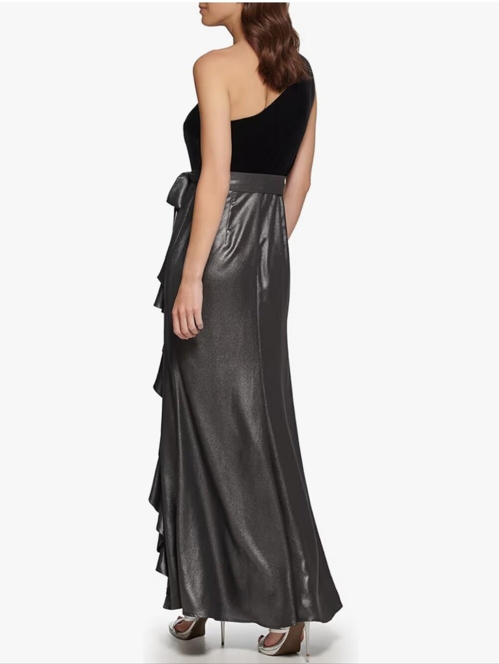 DKNY Velvet Foil Chiffon Ruffle Mix Media Dress Gown Maxi Length - Picture 6 of 15